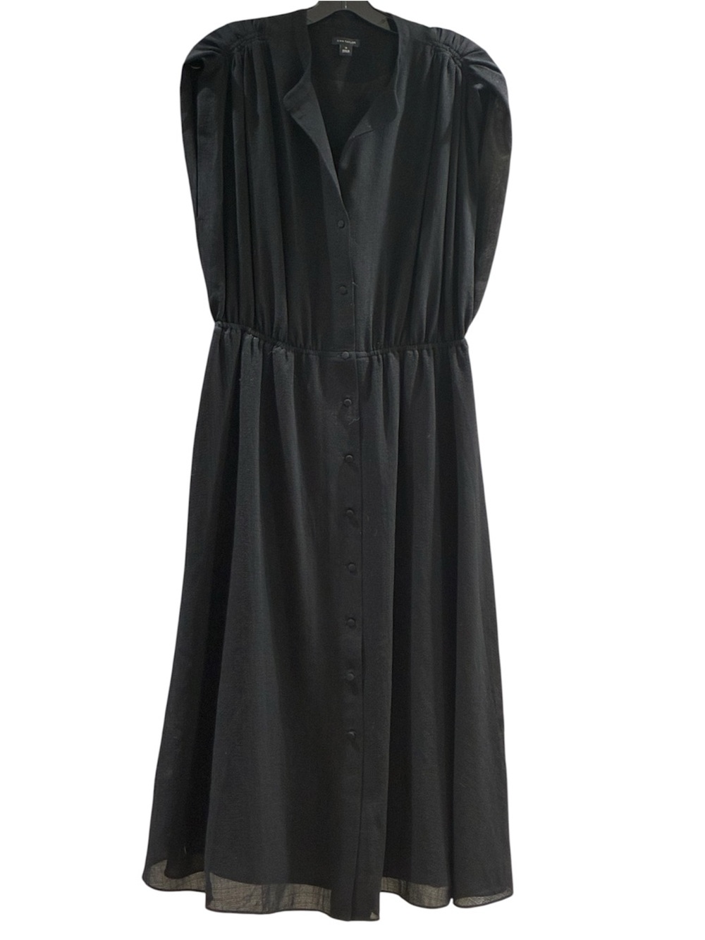 Ann Taylor Black Button-Front Midi Dress Cinched Shoulder Lined Size 12 LBD